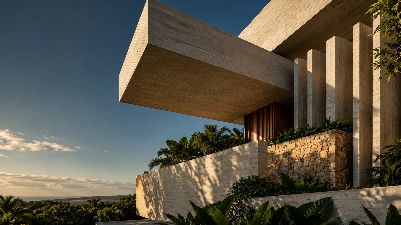 Conceito arquitetônico de volumes de concreto em balanço e luz do entardecer